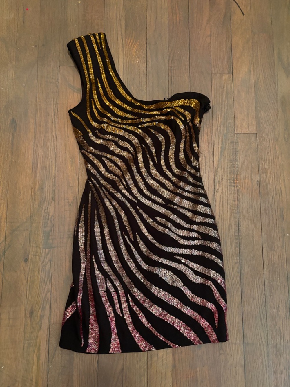RETROFETE One-Shoulder Black Dress with Metallic Zebra Stripe